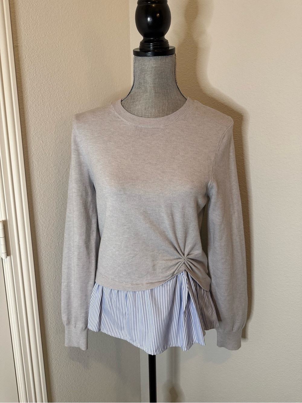 Nanette Lepore Light Gray Knit Pullover with Blue-White Striped Hem